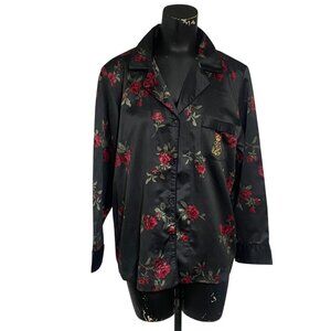 NEW Lauren Ralph Lauren Floral Print Satin Pajama Top In Black Size Large